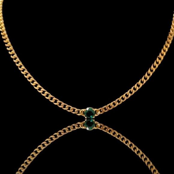 24" x 3mm 14K Gold Finish Green Stone Cuban Chain Over Stainless Steel. - Picture 8 of 11